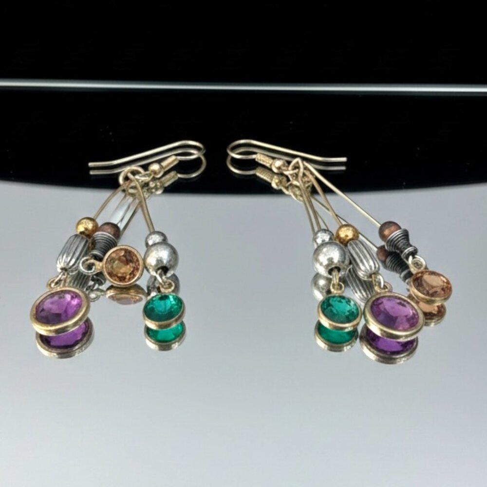 VINTAGE Gold-Tone Triple Strand Multicolor Crystal Earrings & Mixed Metal Beads